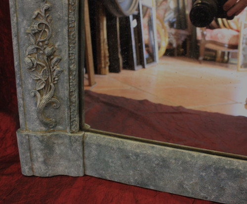 Miroir De Cheminée Ancien à décors floraux, patine, glace mercure, 100 x 140 cm