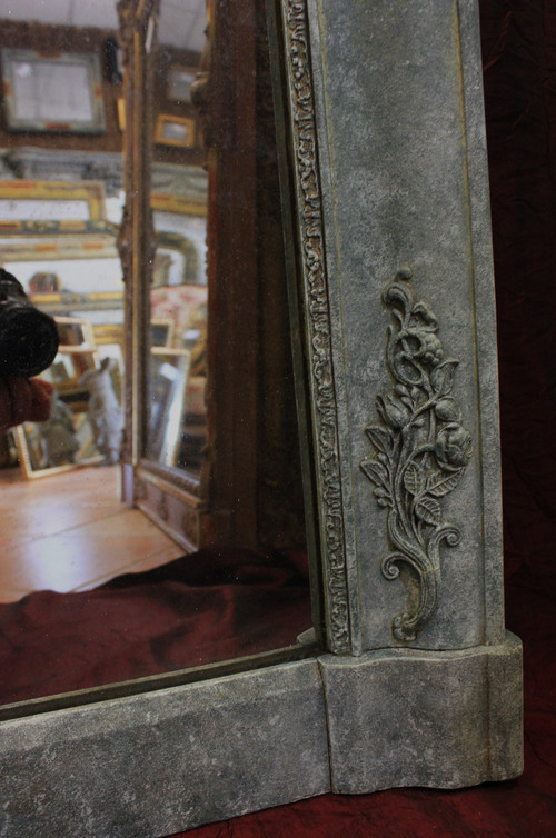 Miroir De Cheminée Ancien à décors floraux, patine, glace mercure, 100 x 140 cm
