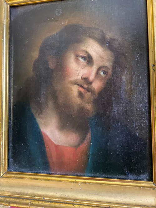 Bellissimo ritratto di Cristo con bellissimo sguardo, delicato dipinto olio su tela del periodo Luigi Filippo