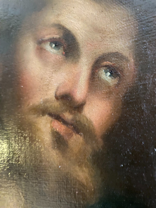 Bellissimo ritratto di Cristo con bellissimo sguardo, delicato dipinto olio su tela del periodo Luigi Filippo