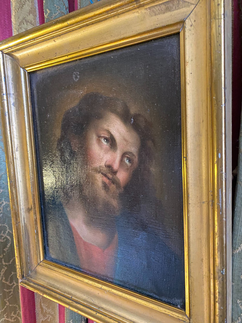 Bellissimo ritratto di Cristo con bellissimo sguardo, delicato dipinto olio su tela del periodo Luigi Filippo