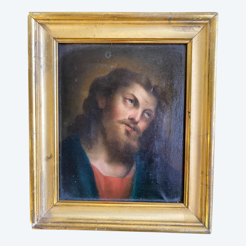 Bellissimo ritratto di Cristo con bellissimo sguardo, delicato dipinto olio su tela del periodo Luigi Filippo