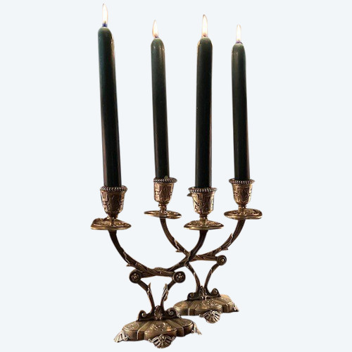 Coppia di candelieri da tavolo in bronzo dorato in stile "Neopompeiano" epoca Napoleone III