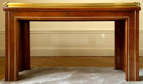Portugal, Années 1970, Console En Bois Et Laiton Présentant Un Plateau Miroir à Biseaux. 