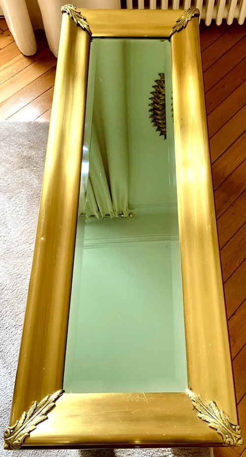 Portugal, Années 1970, Console En Bois Et Laiton Présentant Un Plateau Miroir à Biseaux. 