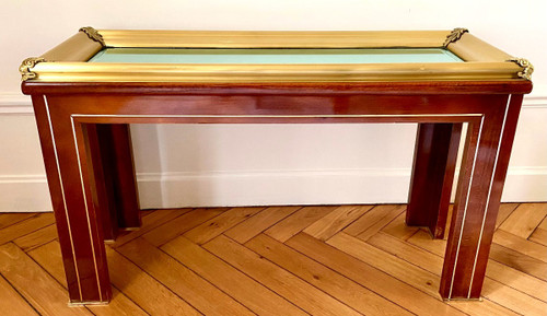 Portugal, Années 1970, Console En Bois Et Laiton Présentant Un Plateau Miroir à Biseaux. 