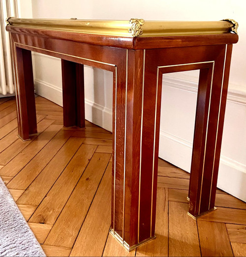 Portugal, Années 1970, Console En Bois Et Laiton Présentant Un Plateau Miroir à Biseaux. 