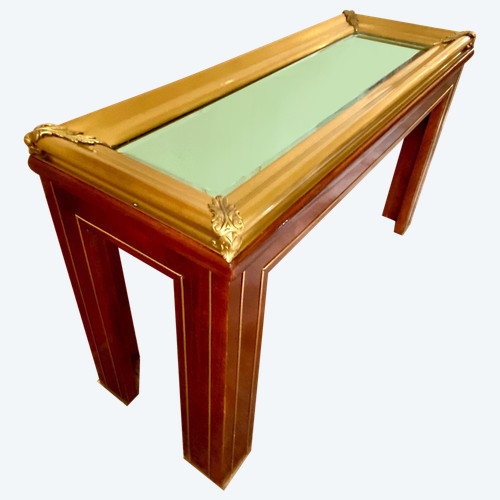 Portugal, Années 1970, Console En Bois Et Laiton Présentant Un Plateau Miroir à Biseaux. 