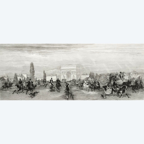 Etching Arc De Triomphe Prize The Departure Of Races  19th  C Engraving Old Print Horses