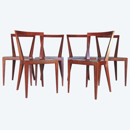 Set di 6 sedie da bistrot moderne e geometriche, circa 1975/80, gambe a compasso