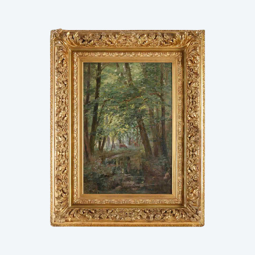 Huile Sur Toile de Joseph Caron Vue De Sous-bois Encadré Fin XIXème Siècle 