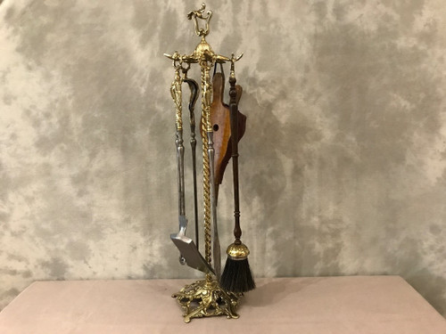 Serviteur de cheminée ancien en bronze et fer comprenant 5 pièces 
