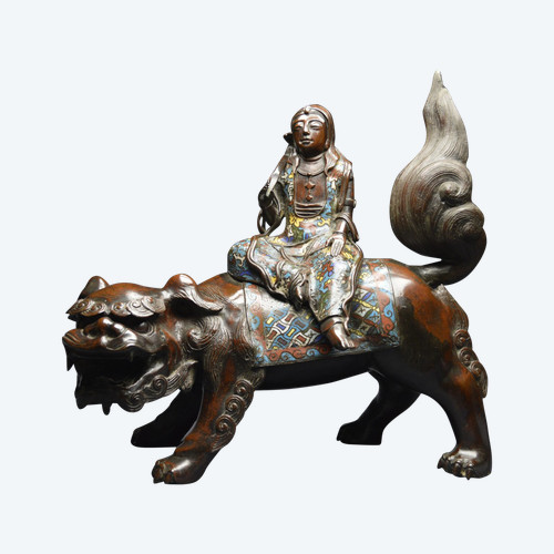 Japan, 19th century, Large bronze and cloisonné enamel group depicting the bodhisattva Man