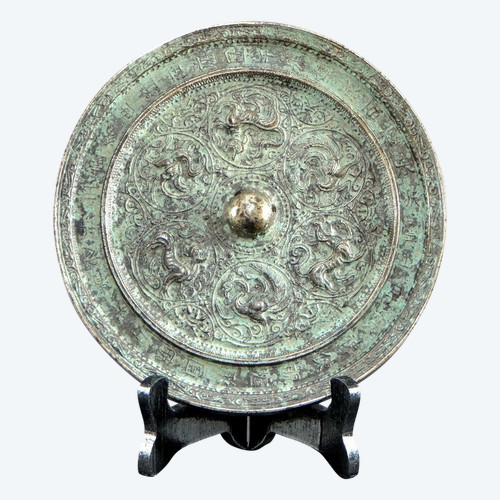 China, Mid-20th Century, Metal Mirror With Phoenix And Kilin Decor.
