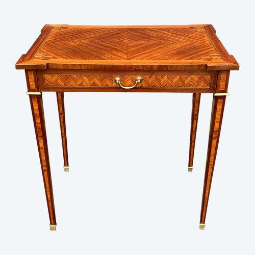 SMALL ANTIQUE LOUIS XVI MARQUETRY BUREAU OPENING WITH ONE DRAWER