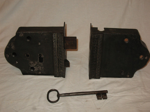 Wrought iron fortified house lock with key 18th century total length: 41 cm