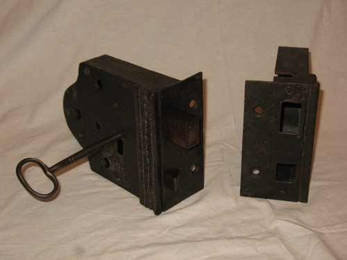 Wrought iron fortified house lock with key 18th century total length: 41 cm