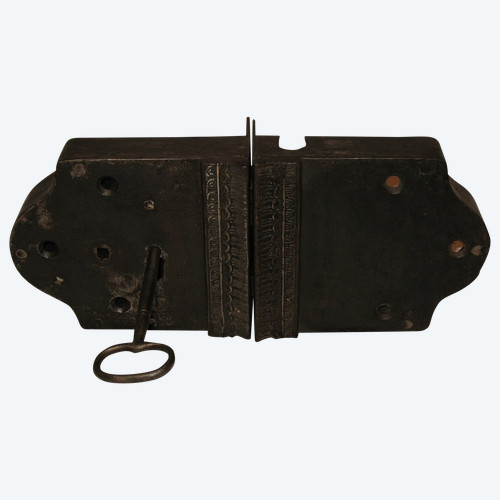 Wrought iron fortified house lock with key 18th century total length: 41 cm