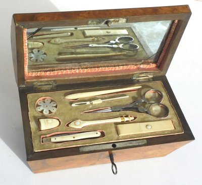 Box Sewing Kit 19th Century Restoration Scissors Steel Tools Bone Ivory