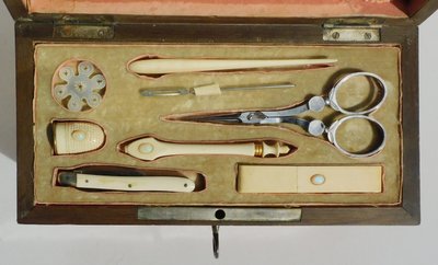 Box Sewing Kit 19th Century Restoration Scissors Steel Tools Bone Ivory