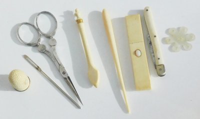 Box Sewing Kit 19th Century Restoration Scissors Steel Tools Bone Ivory