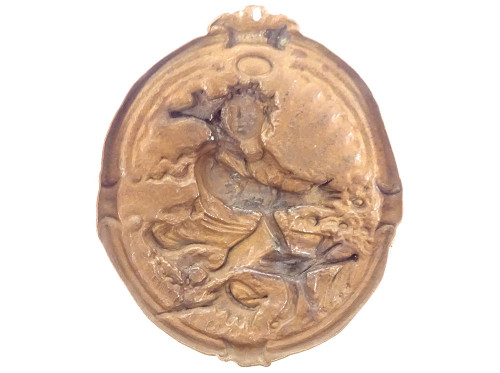 Brass Plaque or Medallion "Saint Catherine Alexandria" with Crown and Sceptre 17th century