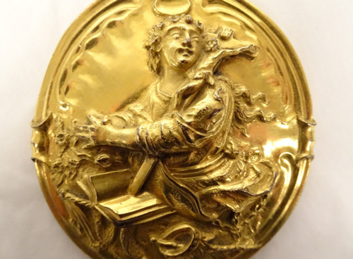 Brass Plaque or Medallion "Saint Catherine Alexandria" with Crown and Sceptre 17th century