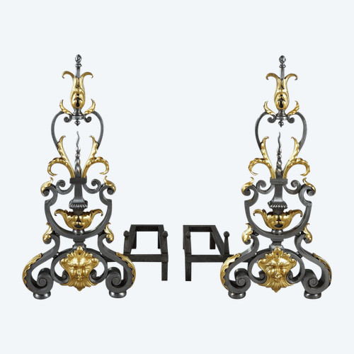 PAIR OF WROUGHT IRON LANDIERS (ANDIRONS), LATE 19TH CENTURY