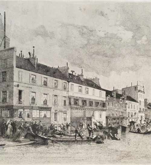 Paris Flooding Of The Seine Etching By Charles Michel Geoffroy 19th C Old Print