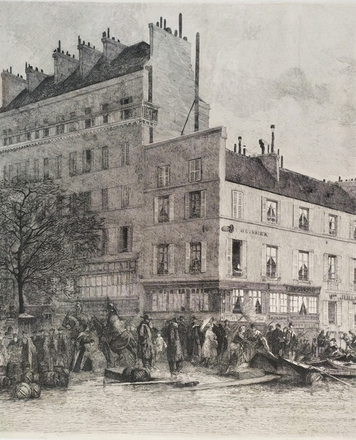 Paris Flooding Of The Seine Etching By Charles Michel Geoffroy 19th C Old Print