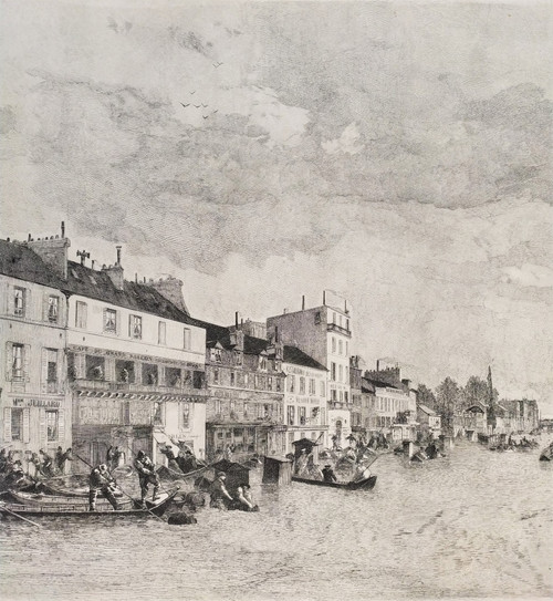 Paris Flooding Of The Seine Etching By Charles Michel Geoffroy 19th C Old Print