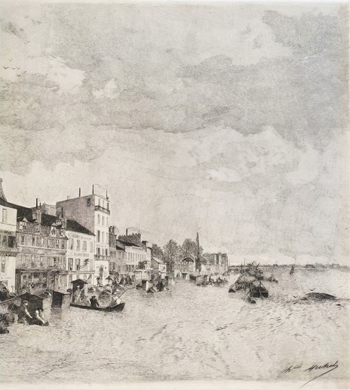 Paris Flooding Of The Seine Etching By Charles Michel Geoffroy 19th C Old Print
