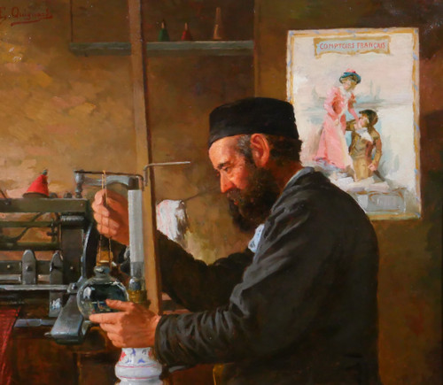 Edmond QUIGNARD, 19th-20th, Weaver in his workshop, large painting, circa 1900