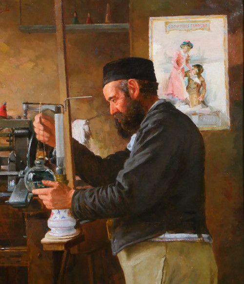 Edmond QUIGNARD, 19th-20th, Weaver in his workshop, large painting, circa 1900