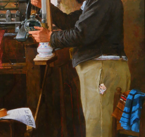 Edmond QUIGNARD, 19th-20th, Weaver in his workshop, large painting, circa 1900