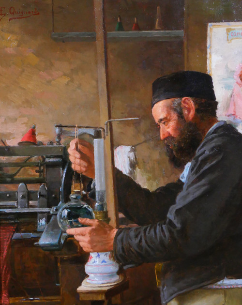 Edmond QUIGNARD, 19th-20th, Weaver in his workshop, large painting, circa 1900