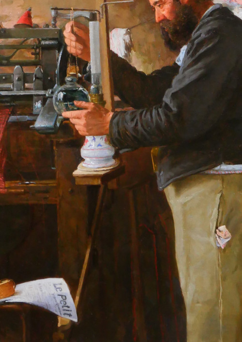 Edmond QUIGNARD, 19th-20th, Weaver in his workshop, large painting, circa 1900