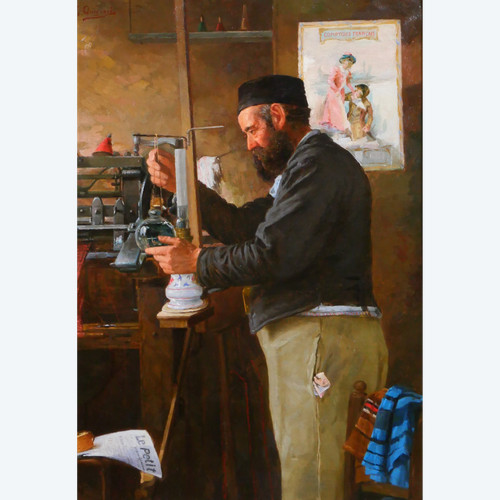 Edmond QUIGNARD, XIX-XX secolo, Tessitore nella sua bottega, grande dipinto, circa 1900