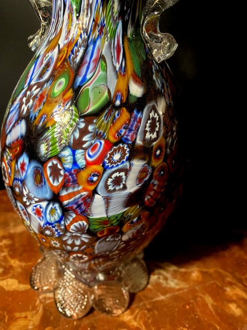 Murano millefiori neck vase with handles from the "60s" in rich and varied colors