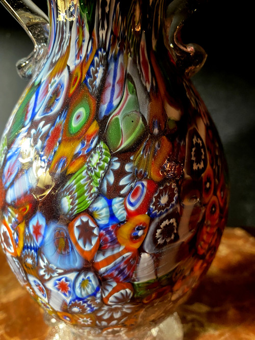 Murano millefiori neck vase with handles from the "60s" in rich and varied colors