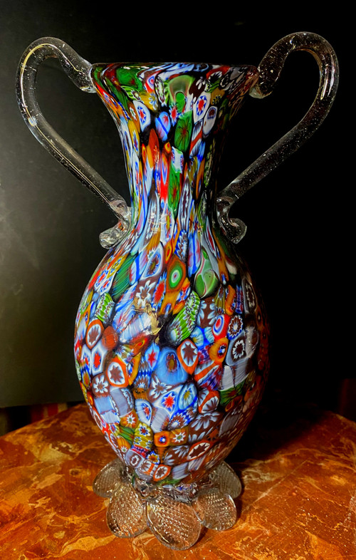 Murano millefiori neck vase with handles from the "60s" in rich and varied colors