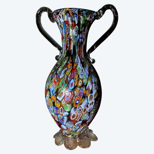 Vase col Murano millefiori de Murano à anses des Années "60" aux riches et divers couleurs