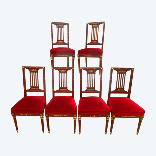 Suite De Six Chaises époque Empire En Acajou Et Bronze Doré