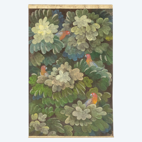 Painted canvas depicting parakeets. Contemporary work.