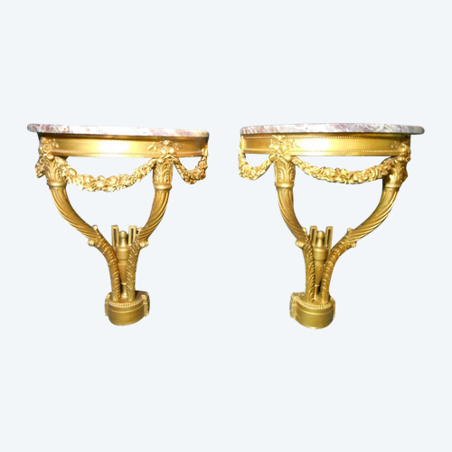 Paire De Console Aux Cornes d'Abondance En Bois Doré époque XIXe
