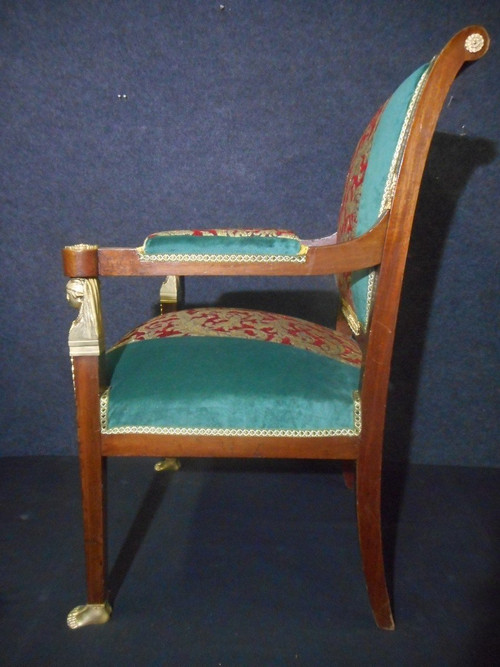 Serie di poltrone di epoca impero in mogano e bronzo dorato