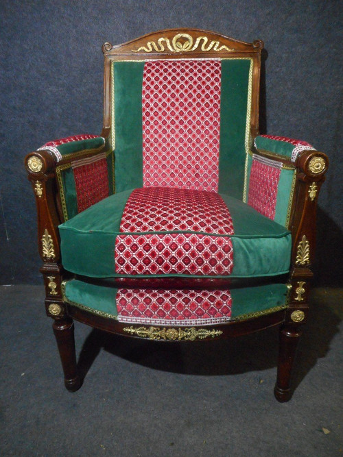 Pair Of Empire Period Officer's Bergères In Cuban Mahogany And Gilt Bronze