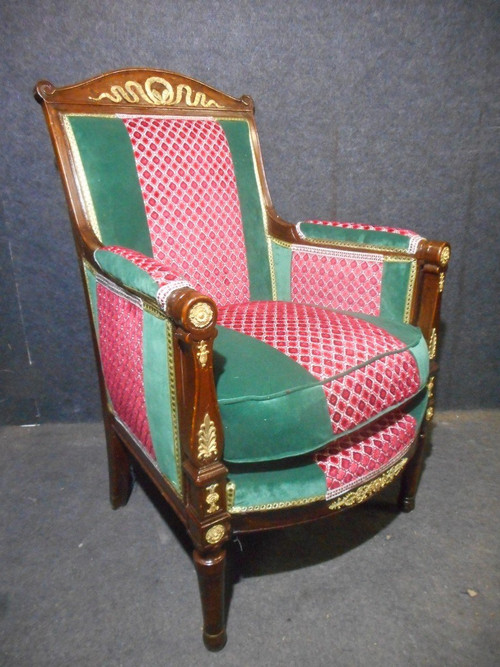 Pair Of Empire Period Officer's Bergères In Cuban Mahogany And Gilt Bronze