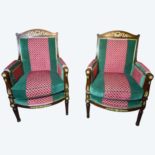 Pair Of Empire Period Officer's Bergères In Cuban Mahogany And Gilt Bronze