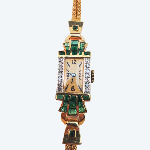 Art-Deco-Uhr, Diamanten, Gold, Smaragde